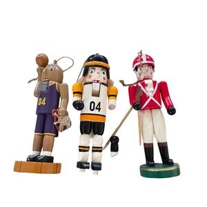 3 Sports Nutcrackers Basketball Hockey Toy Soldier Wooden Ornaments preloved